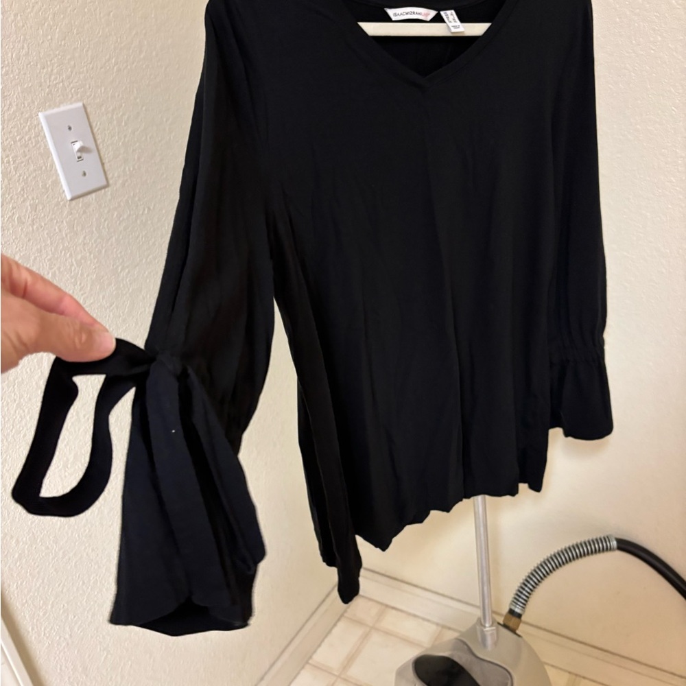 Isaac Mizrahi Live! Black Split Sleeve Tie Cuff Knit Top Size L